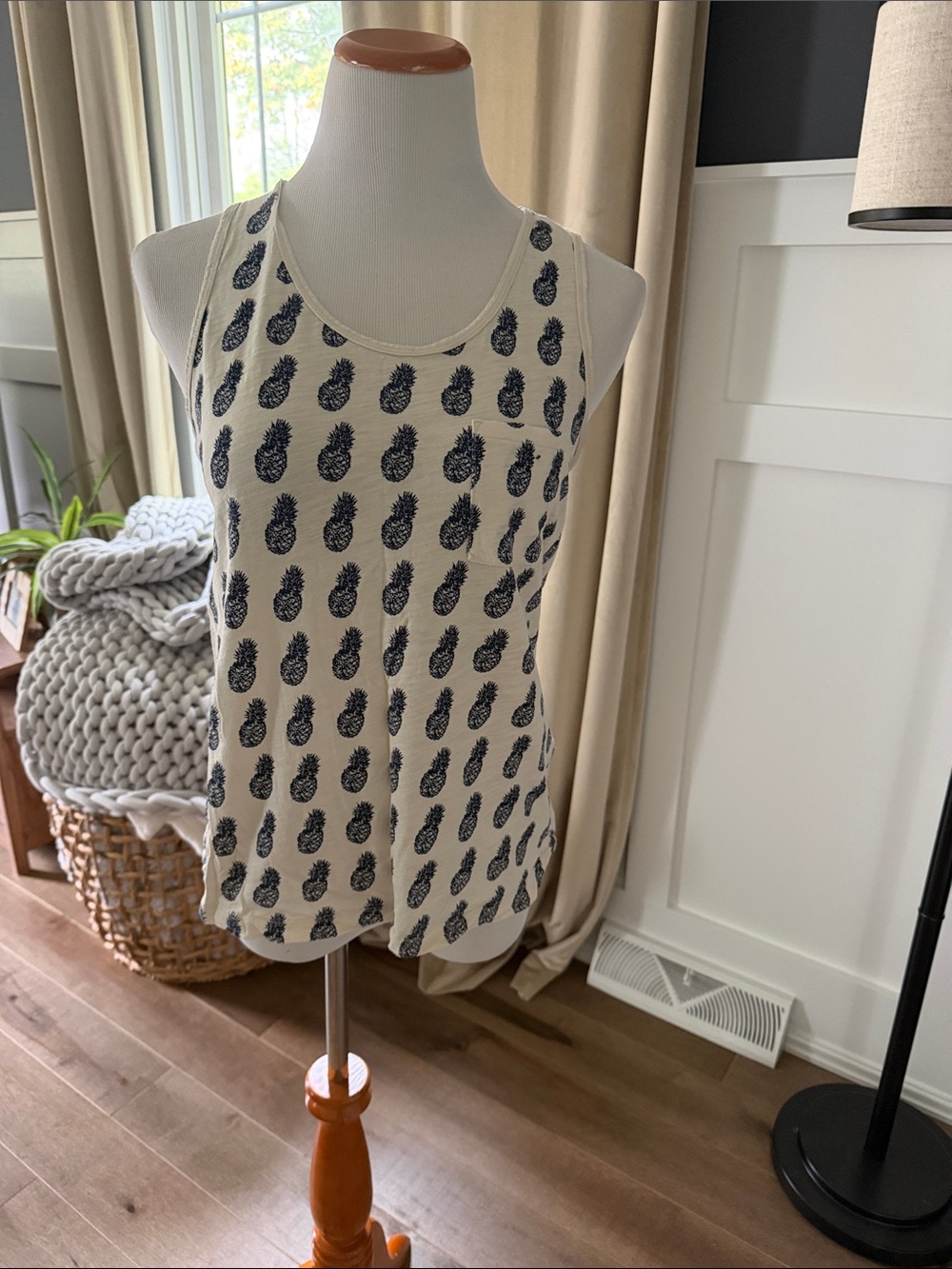 J. Crew Cream Tank Top with Navy Pineapple Motif 💋